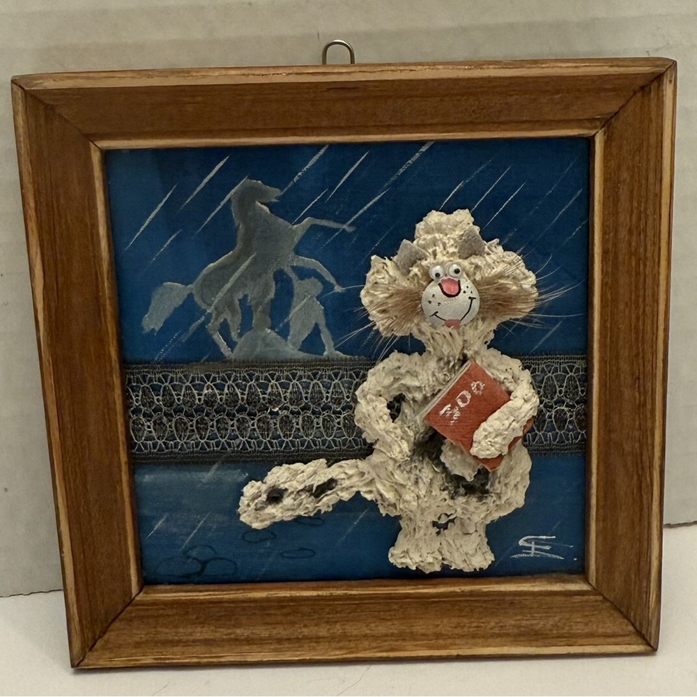 Vintage Handmade 3D Mixed Media Cat Artwork 4.75"x4.75" Signed‎